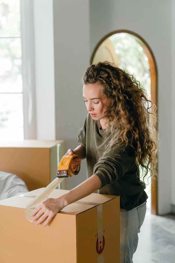 Concentrated young lady sealing cardboard boxes at home